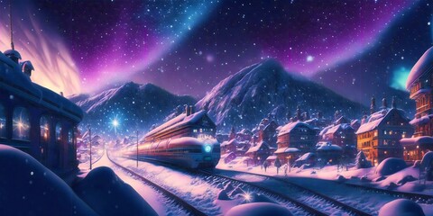 The thick snow covered swiss town, the sky is starry , the aurora , the colorful light , the light illuminates the town - generative AI
