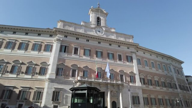 Europe, Italy , Rome  2023 - Montecitorio palace of parliament and politic in downtown of the city after finish of lockdown due Covid-19 Coronavirus epidemic  - sightseeing tourist attraction 
