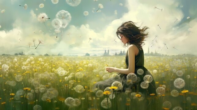 Young girl dreaming about windy dandelion field, Generative AI