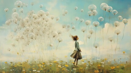 Young girl dreaming about windy dandelion field, Generative AI