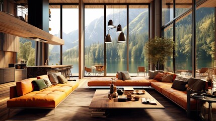 a modern and luxurious open-plan living room and kitchen interior with a view of a lake and alpine landscape, lodge style,  AI rendered