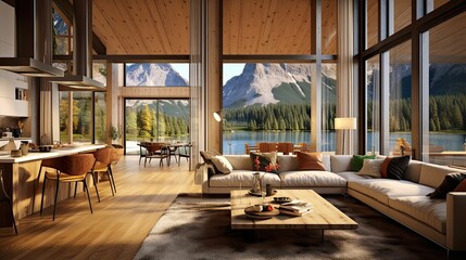 Fototapeta premium a modern and luxurious open-plan living room and kitchen interior with a view of a lake and alpine landscape, lodge style, AI rendered