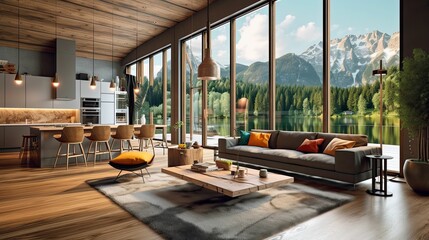 a modern and luxurious open-plan living room and kitchen interior with a view of a lake and alpine landscape, lodge style,  AI rendered