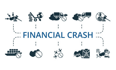 Financial crash set. Creative icons: sanctions, financial crisis, export ban, import ban, impeachment, logistic crisis, embargo, air traffic ban, economic default, economic crisis.