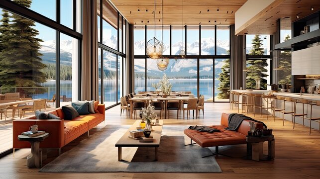 a modern and luxurious open-plan living room and kitchen interior with a view of a lake and alpine landscape, lodge style,  AI rendered