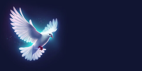 Fototapeta na wymiar Dove of peace. Flying white dove with neon effects on dark banner. International Day of Peace. Generative AI