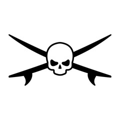 Logo club de surf. Símbolo pirata con silueta de cráneo con tablas de surf cruzadas