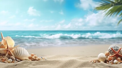 Fototapeta na wymiar Sandy beach vacation themed background, with empty copy space, Generative AI