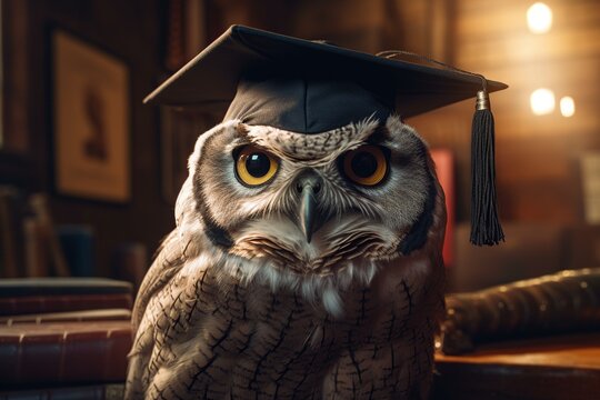 Wise and witty! A comical portrait of an owl wearing a graduation cap and glasses, perched confidently in a scholarly setting.