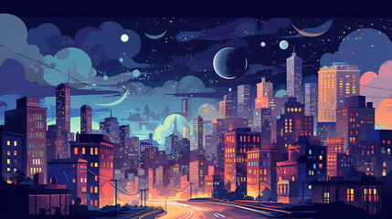 city ​​street illustration at night dusk
