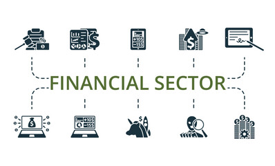 Financial sector set. Creative icons: tax regulation, financial data analytics, digital banking, future of money, electronic signature, crowdfunding platform, e-banking, unicorn startup, fraud