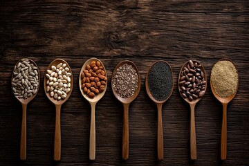 Fototapeta na wymiar Assortment of legumes in wooden spoons on wooden background.