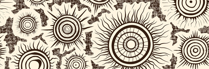 Seamless border, ethnic background, sun symbols, solar signs, vector design