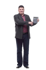 Mature business man with a calculator. isolated on a white