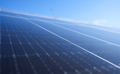 Wide angle concept photo with some big solar panels. Photovoltaic electrical energy industry, eco friendly way to produce electricity from sun.