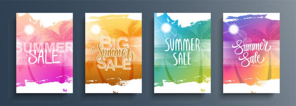 Summer Sale Posters. Set of summertime commercial backgrounds with palm trees, summer sun, brush strokes and hand lettering for seasonal shopping, sale promotion and advertising. Vector illustration.