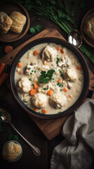  Creamy old fashioned Chicken and Dumplingstop, in a clay plate standing on a cutting board on a wooden stand, generativ ai