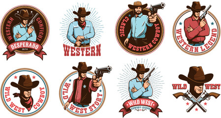 Western cowboy badges. Vintage Wild West logo. Cowboy lifestyle emblems. Vector illustration