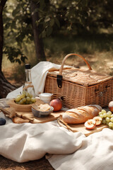 Summer picnic background. Cute Wicker basket with foods, juices, lemonade, fruits decorated flowers.  tablecloth on the grass in a park. outdoors.Generative ai. - obrazy, fototapety, plakaty