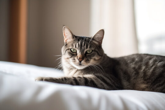 Grey cat relaxing in bed, copyspace. Generative AI