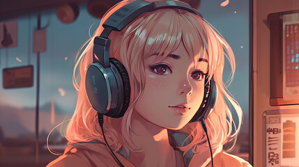 Obraz premium A serene and beautiful woman wearing headphones is portrayed in a lo-fi vibe illustration with soft pastel colors. Hip-hop music in a calm atmosphere for studying.Pretty anime girl. Generative AI.