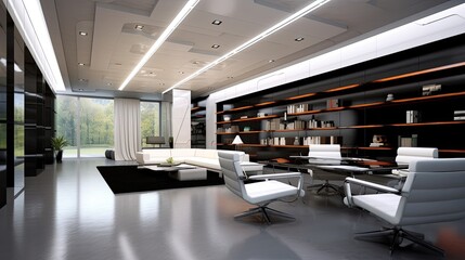 A modern and sleek white interior office with minimalist design. Generative AI