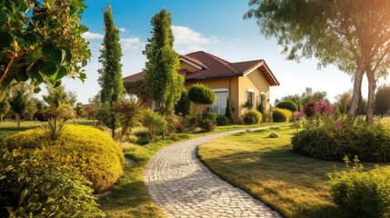Fototapeta premium A real estate property with a beautiful landscape yard and blue sky. Generative AI 