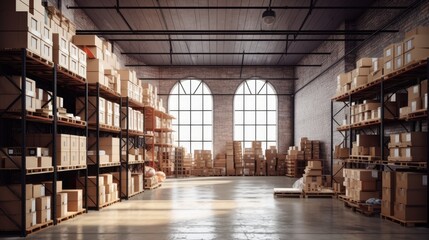 Fototapeta premium A large warehouse with boxes and shelves. Generative AI 