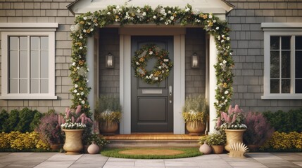 A welcome home entrace with a christmas wreath on the front door. Generative AI 