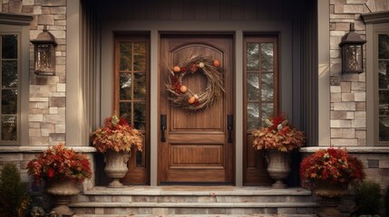 Fototapeta na wymiar A welcome home entrace with a wreath on the front door. Generative AI 