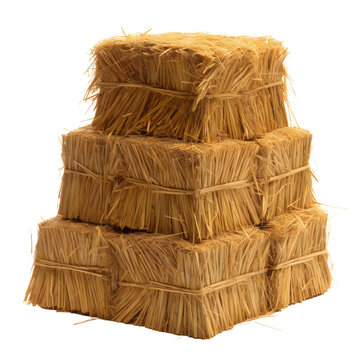 A stack of hay. Hay stacked in cubes. Isolated on a transparent background. KI.