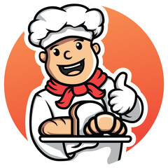 Chef cartoon holding a tray of baguitte, white bread, croissant and give a thumbs up logo character mascot illustration vector