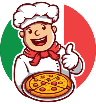 Chef happy cartoon holding a tray of pizza and give a thumbs up logo character mascot illustration vector