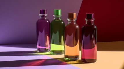 Different cosmetic glass bottles standing on violet background. Abstract pattern by shadows and...