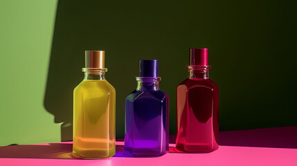 Different cosmetic glass bottles standing on violet background. Abstract pattern by shadows and illuminating reflections in the sunlight. Red, green and yellow shades.