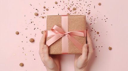 Hands-holding gift package in kraft paper with a pink ribbon on a trendy natural beige background with glitter. Flat lay, top view