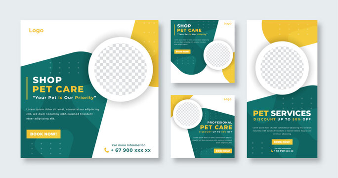 Pet Care or Pet Shop Social Media Post for Online Marketing Promotion Banner, Story and Web Internet Ads Flyer