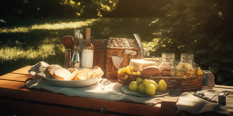 Lunch in sammer rustic garden. Outdoors dinner. Summertime holidays. woden table with tasty food,fruits, wineglasses on sunset light. Generative ai.