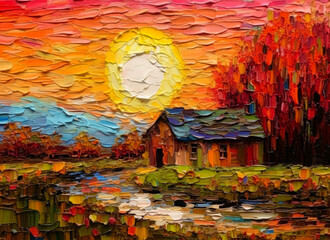 Oil paintings landscape. Colorful thick impasto, landscape painting, background of paint. - 600724915