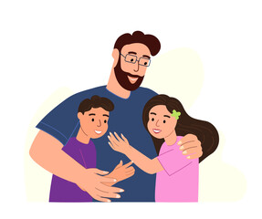 Father and Children,Son and Daughter together.Happy father Daddy hug Boy and Girl.Family Loving,Warm relationships,Kids trust their Dad.Man support, protect his Child.Flat vector isolated illustration