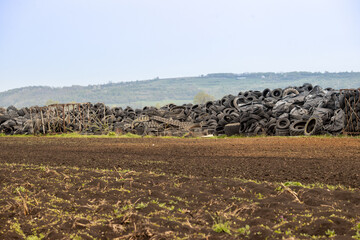 used rubber tyres on a scrap land