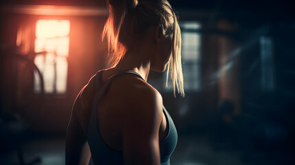 Woman's portrait in the gym making exercises. Fitness beautiful girl, sorrounded by an epic and inspiring light. 