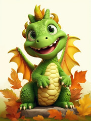 Obraz na płótnie Canvas Funny cute green dragon in fall season