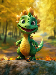 Funny cute green dragon in fall season
