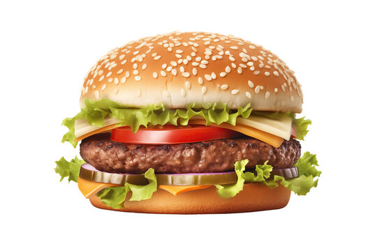 Appetizing meat burger with lettuce onion tomato on cutout PNG transparent background. Generative AI