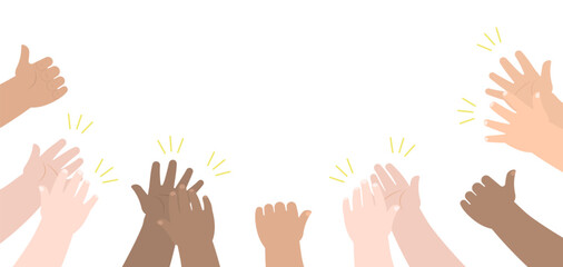 Hands of kids with racial diversity clapping and giving thumbs up signal in flat design - obrazy, fototapety, plakaty