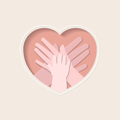 Three hands of family members, baby, mother and father, stacking on top of each other in heart shaped paper cutting art vector