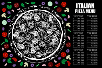 Italian pizza poster. Big round tasty pizza. Conceptual design of a restaurant menu. Vintage engraving stylized line drawing. Vector illustration.