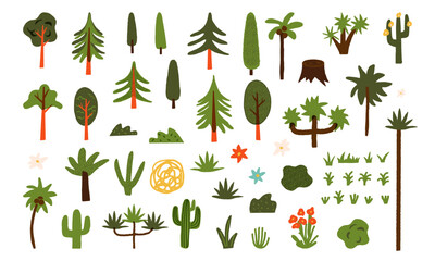 Big vector clipart set of green, plants, scrubs, trees. Oak, fir trees, coconut palm trees, grass, flowers, cactuses etc