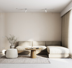 Modern beige interior design. Home living room with sofa and empty wall background. 3D Rendering, 3D Illustration